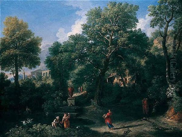 An Arcadian Landscape With Figures Bathing By A Pool, A Classical Temple Beyond Oil Painting by Jan Frans van Bloemen