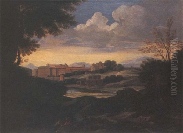 Paesaggio Fluviale Con Viandanti E Citta Sullo Sfondo Oil Painting by Jan Frans van Bloemen