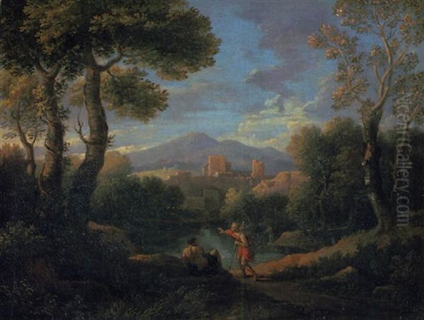 A Classical Landscape With Two Shepherds By A Lake, A Village Beyond Oil Painting by Jan Frans van Bloemen