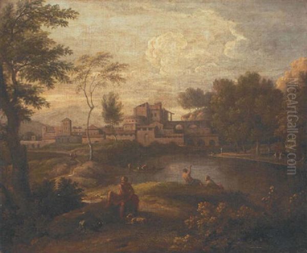 An Italianate Landscape With Figures By A Lake And A Town Beyond by Jan Frans van Bloemen