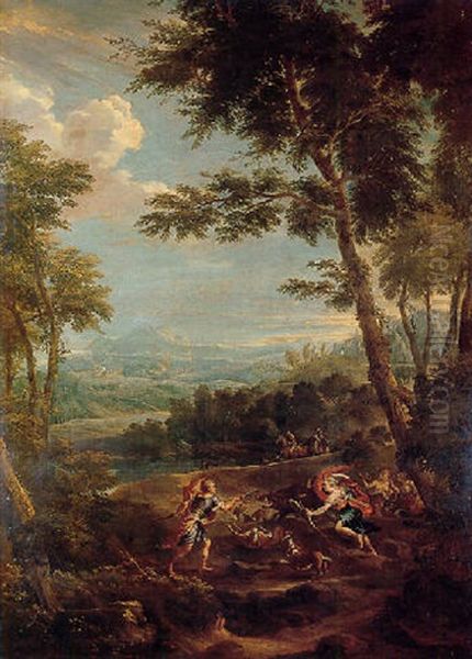 Atalanta And Meleager Hunting The Calydonian Boar Oil Painting by Jan Frans van Bloemen