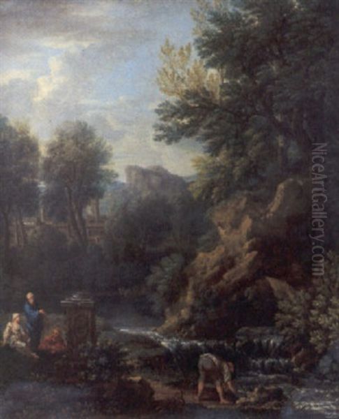 Paesaggio Laziale Con Tre Personaggi In Costume Classico Accanto A Un Plinto Di Colonna, E Un Villico Presso Una Cascata Oil Painting by Jan Frans van Bloemen