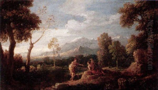 A Wooded Landscape With Figures Conversing In The Foreground Oil Painting by Jan Frans van Bloemen