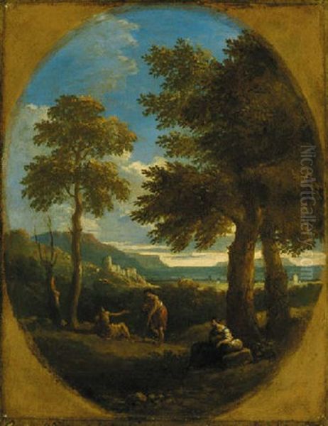 A Classical Wooded Landscape With Figures, A Town And Mountains Beyond Oil Painting by Jan Frans van Bloemen