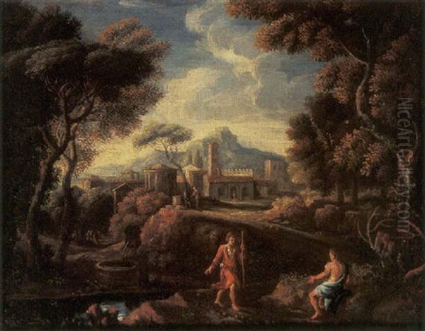 An Italianate Landscape With Shepherds By A Fountain, A Town And Mountains Beyond Oil Painting by Jan Frans van Bloemen