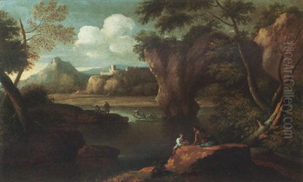 A River Landscape With Figures Resting On A Bank In The Foreground, Others In A Boat Beyond Oil Painting by Jan Frans van Bloemen