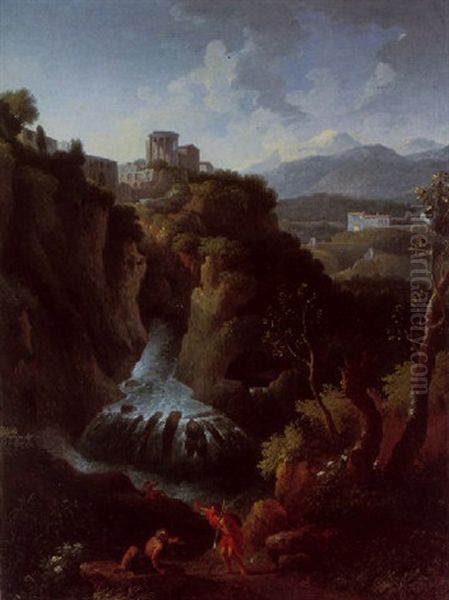 The Falls At Tivoli With The Tmeple Of Vesta Oil Painting by Jan Frans van Bloemen