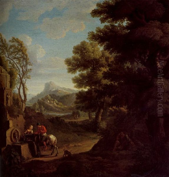 Travellers At A Well In An Italianate Wooded Landscape, Mountains Beyond Oil Painting by Jan Frans van Bloemen