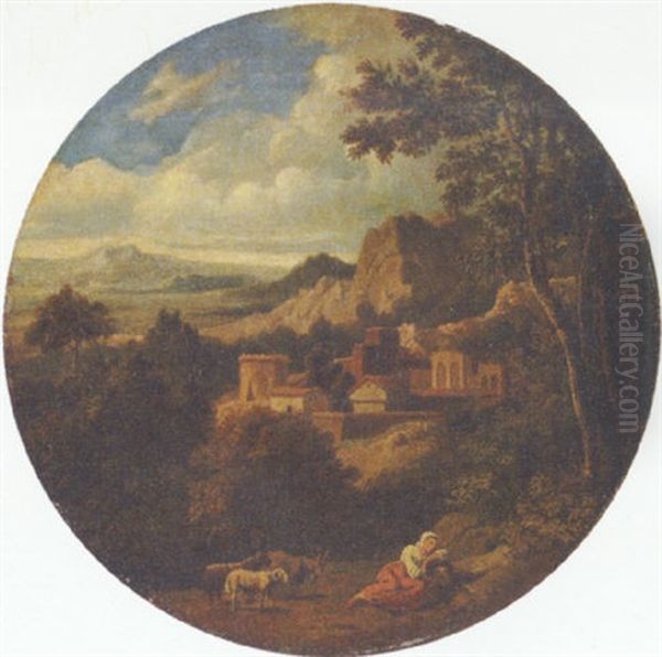 An Italianate Landscape With A Shepherdess Resting Oil Painting by Jan Frans van Bloemen