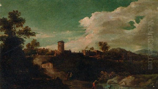 An Italianate Landscape With A Angler By A Pool, With Peasants On A Track, A Village Beyond Oil Painting by Jan Frans van Bloemen