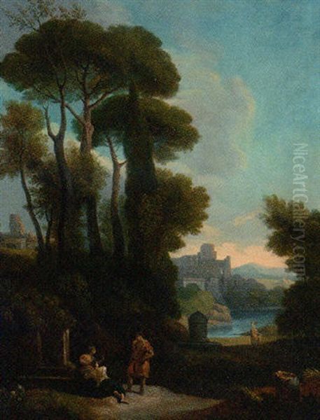 An Italianate Landscape With Figures Resting By A Fountain Oil Painting by Jan Frans van Bloemen