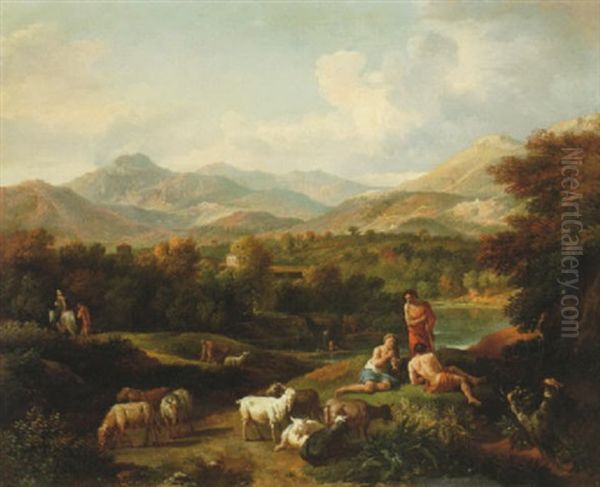 Italienskt Landskap Med Herdar Och Boskap Oil Painting by Jan Frans van Bloemen