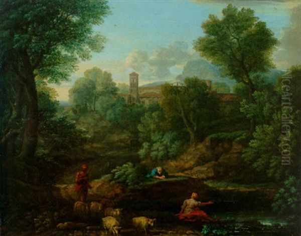 A Landscape With A Shepherd And Sheep At A Stream, A Village Beyond Oil Painting by Jan Frans van Bloemen