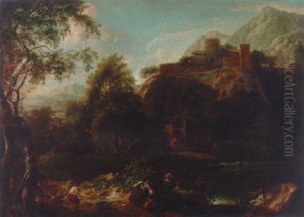 An Italianate Landscape With Bathers At A Pool, A Hilltop Village Beyond Oil Painting by Jan Frans van Bloemen