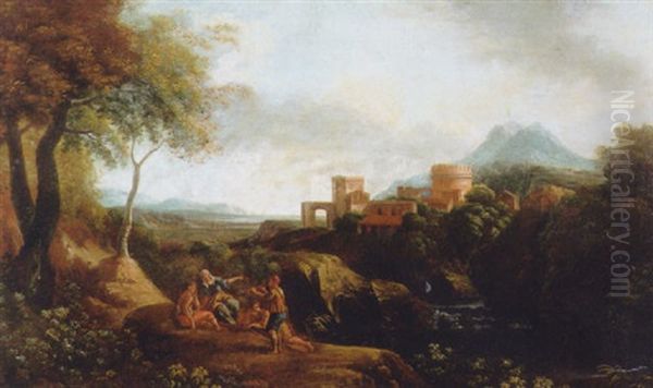 Shepherds On A Cliff Overlooking A River, A Town On A Hilltop Beyond, In An Italianate Landscape Oil Painting by Jan Frans van Bloemen