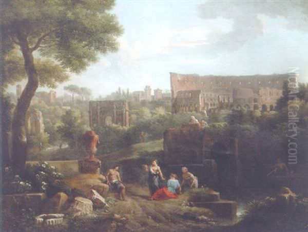 A Capriccio Of Rome With The Colosseum And The Arch Of Constantine Oil Painting by Jan Frans van Bloemen