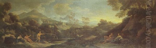 An Extensive Arcadain Landscape In The Roman Campagna With Figures Resting, A Lake, A Fortress, And Mountains Beyond Oil Painting by Jan Frans van Bloemen