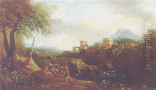 Shepherds On A Cliff Overlooking A River, A Town In A Hilltop Beyond, In An Italianate Landscape Oil Painting by Jan Frans van Bloemen