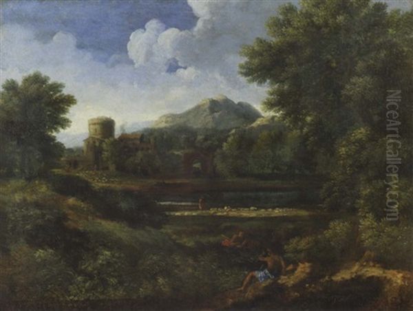 An Extensive Italianate Landscape With Shepards By A River, Flocks Of Sheep And Buildings Beyond Oil Painting by Jan Frans van Bloemen