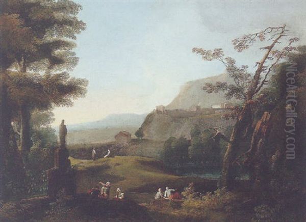 A Mountainous Landscape With Figures Resting In The Foreground, A Hill-top Town Beyond Oil Painting by Jan Frans van Bloemen