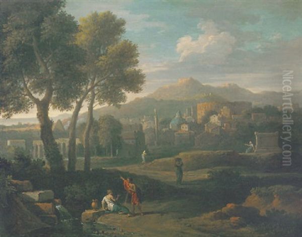 An Arcadian Landscape Set In The Roman Campagna With The Colosseum And Other Roman Buildings, Mountains Beyond Oil Painting by Jan Frans van Bloemen