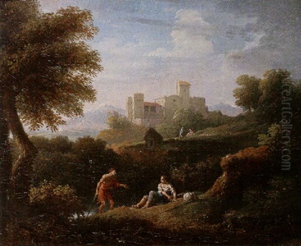 An Arcadian Landscape With A Traveller And A Lady Resting On A Path, A Castle Beyond Oil Painting by Jan Frans van Bloemen