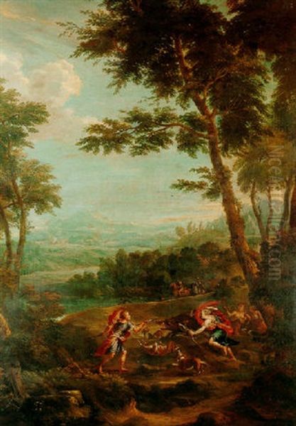 Atalanta And Meleager Hunting The Calydonian Boar Oil Painting by Jan Frans van Bloemen