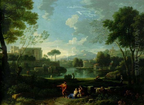 An Italianate Landscape With A Lakeside Town And A Fortified Palace On A Hill, Figures Resting On A Path In The Foreground Oil Painting by Jan Frans van Bloemen