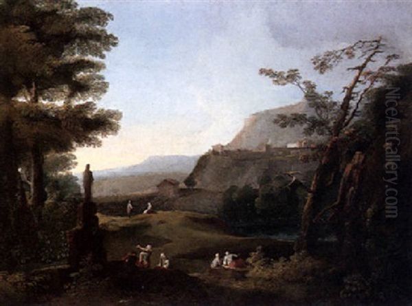 A Mountainous Landscape With Figures Resting In The Foreground, A Hill-top Town Beyond Oil Painting by Jan Frans van Bloemen