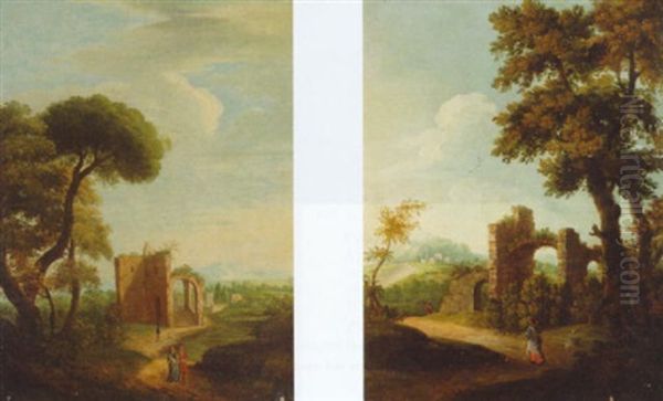 Figures On A Track Before A Ruin Oil Painting by Jan Frans van Bloemen