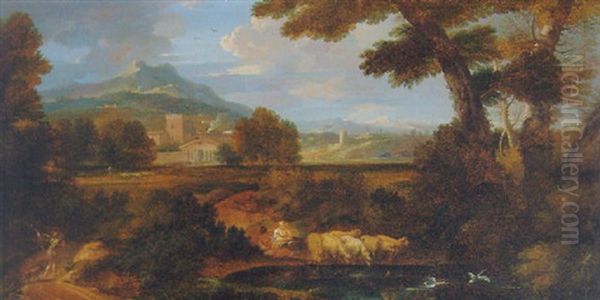 A Classical Landscape With Shepherds Watering Sheep At A Pool Oil Painting by Jan Frans van Bloemen