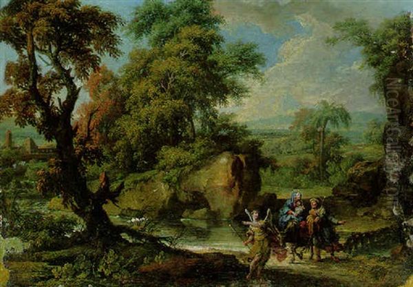 A Wooded River Landscape With The Flight Into Egypt Oil Painting by Jan Frans van Bloemen