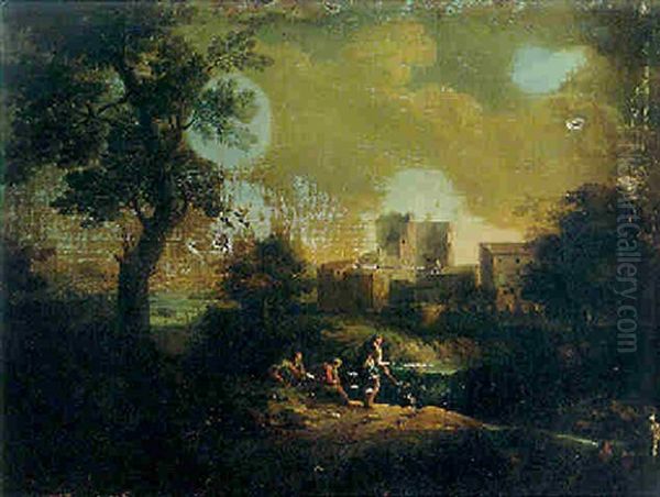 An Italianate Landscape With Travellers On A Path Overlooking A Villa On A River Oil Painting by Jan Frans van Bloemen