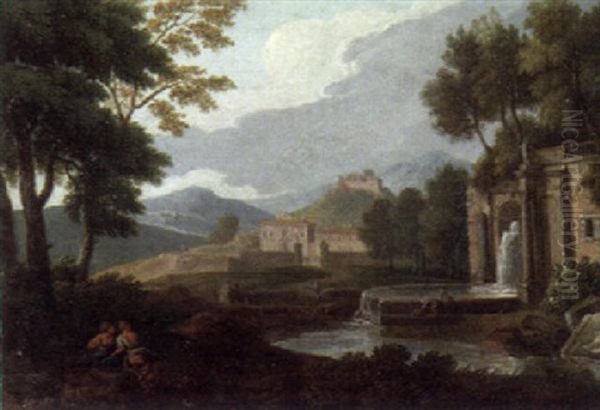 An Italianate Landscape With A Fountain And Philosophers Resting In The Foreground Oil Painting by Jan Frans van Bloemen