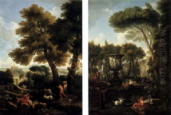 An Italianate Landscape With Herdsmen Driving Cattle And Other Figures Oil Painting by Jan Frans van Bloemen