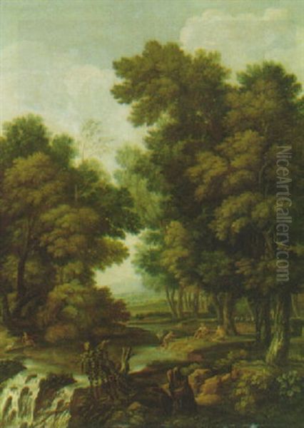 A Wooded River Landscape With Fishermen Sitting On A Bank Oil Painting by Jan Frans van Bloemen