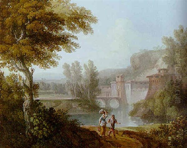 An Italianate River Landscape With Travellers On A Path, A Moated Castle Beyond by Jan Frans van Bloemen