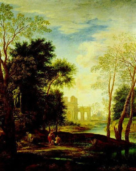 Villa Alberata Con Due Figure, A Sinistra Statua Di Ercole Appogiato Alla Clava E A Destra Un Corso D'acqua Oil Painting by Jan Frans van Bloemen