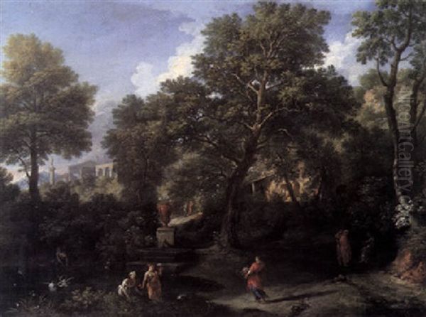 A Classical Landscape With Figures Bathing In A Pond Oil Painting by Jan Frans van Bloemen