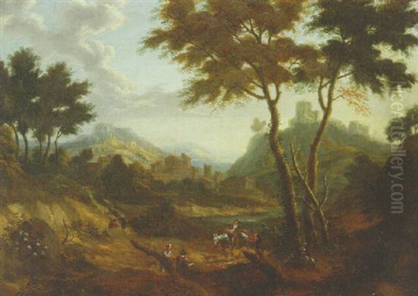 An Extensive Hilly Landscape With A Traveller And Peasants By A Track, A Town Beyond Oil Painting by Jan Frans van Bloemen