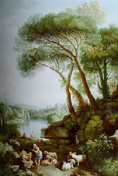 A River Landscape With Shepherds Resting By A Path Oil Painting by Jan Frans van Bloemen