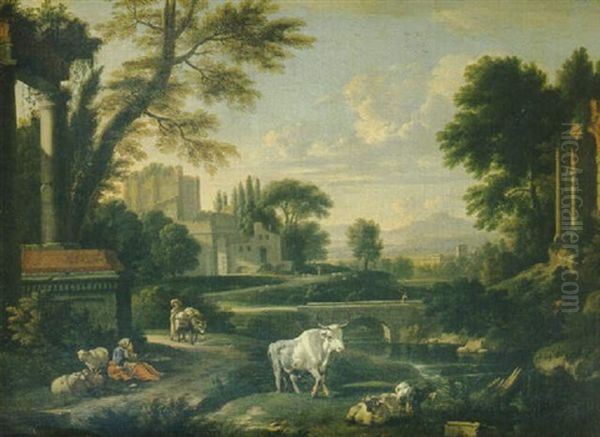 Paysage Classique Aux Ruines Antiques Avec Une Riviere Oil Painting by Jan Frans van Bloemen