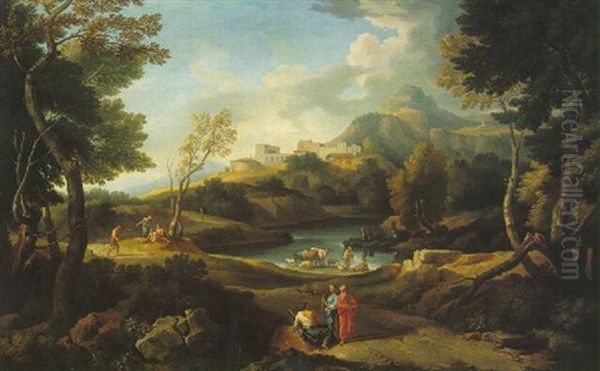 A Classical Wooded Landscape With Figures Resting And Herdsmen By A River by Jan Frans van Bloemen