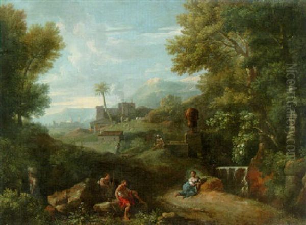 Italian Landscape With Shepherds Resting By A Waterfall In The Foreground, Castle Beyond Oil Painting by Jan Frans van Bloemen