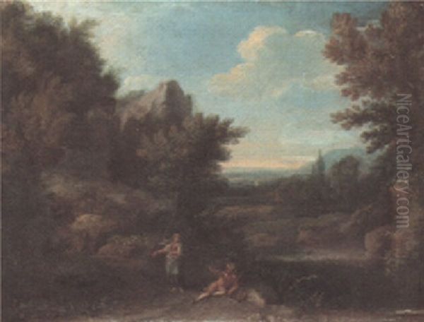 A Wooded River Landscape With A Couple Resting Oil Painting by Jan Frans van Bloemen