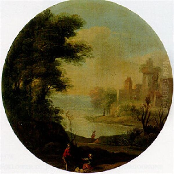 A River Landscape With Travellers Conversing On A Track, A Castle Beyond Oil Painting by Jan Frans van Bloemen