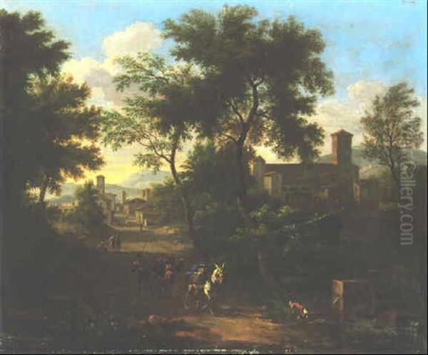 A Wooded Landscape With A Peasant Driving Mules Along A Track And A Dog Drinking At A Fountain Oil Painting by Jan Frans van Bloemen