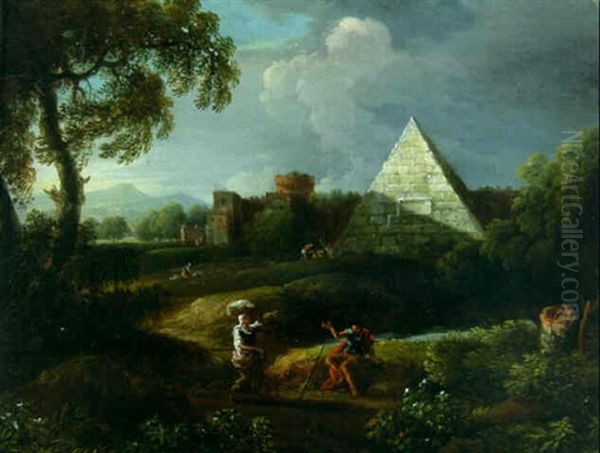 A River Landscape With The Pyramid Of Cestius And A Fortified Castle Oil Painting by Jan Frans van Bloemen