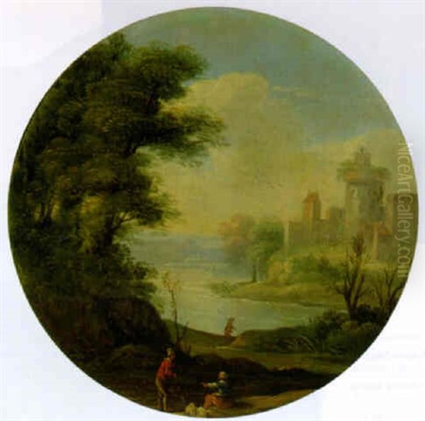 A River Landscape With Travellers Conversing On A Track Oil Painting by Jan Frans van Bloemen