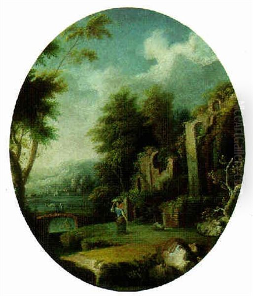 A Landscape With A Maiden By Classical Ruins Oil Painting by Jan Frans van Bloemen